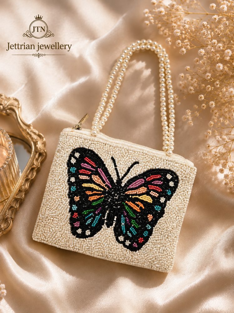 Butterfly Beaded Pearl Handle Bag